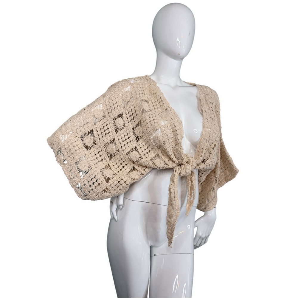 C’ISA Boho Floral sunshine Crochet Tie-Front Crop Shrug Size M Knit Shrug Sz M - Picture 8 of 15